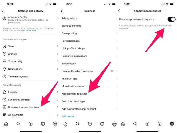 How to turn it off.
Three screenshots:
Settings and activity with an arrow pointing at Business Tools & Controls.
Business screen with an arrow pointing to Appointment requests.
Receive appointment requests with an on off toggle.