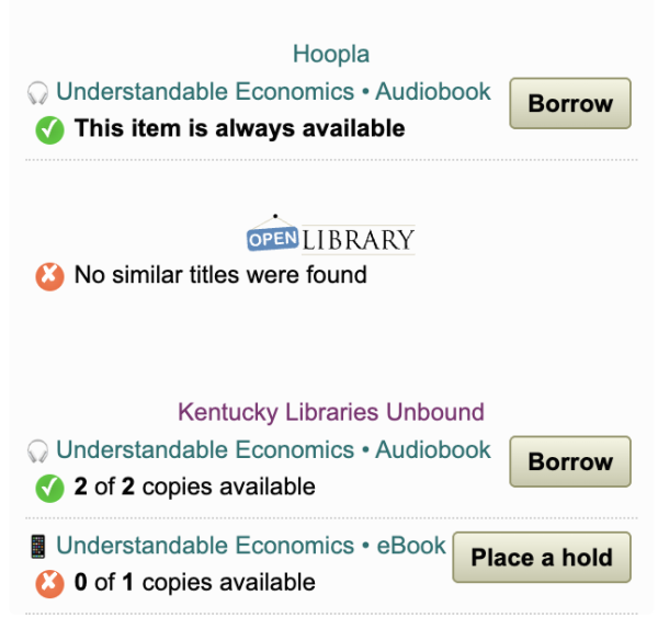 Screenshot:
Book understandable economic is always available under Hoopla, no copies found with Open Library and Kentucky Libraries Unbound 2 of 2 copies of the audiobook are available and 0 of 1 copies of the ebook are available with the option to place a hold instead of borrow.