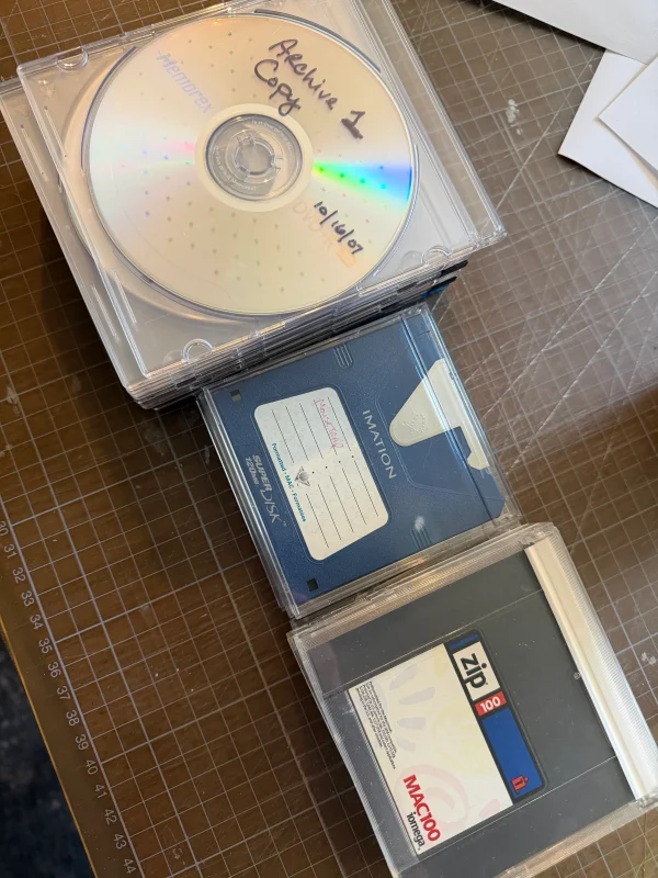 DVD-r with the top one marked “archive 1 copy”
Small stack of imaging super discs
And then a small stack of Zip disks
